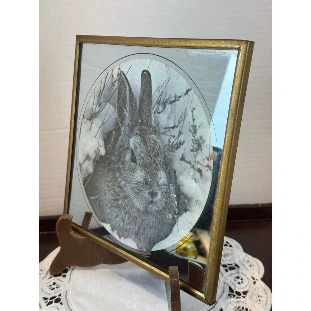 Vintage Etched Mirror Rabbit Art Gold Frame Bunny Snow Scene Nature Decor 8x8